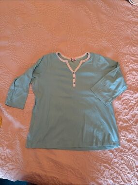 Women’s Denim & Co. Light Teal Henley Top with White Trim